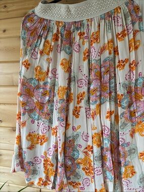 Boho White Floral Paisley Skirt with Orange and Pink Accents